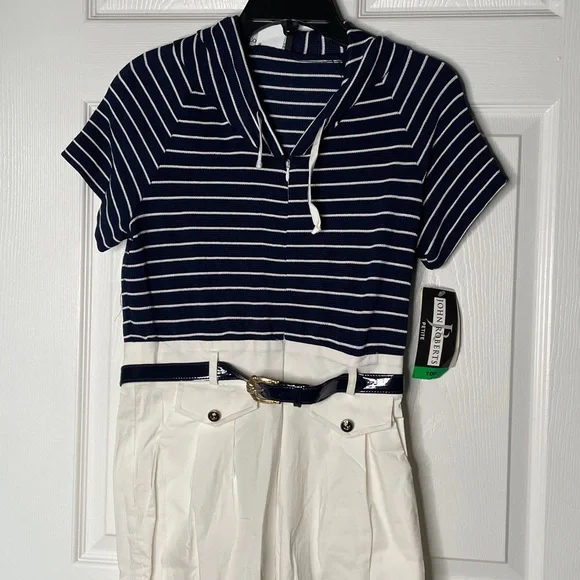 NWT John Roberts Sailor Striped Short Sleeve Hooded Belted Jumpsuit Vintage - Picture 2 of 7